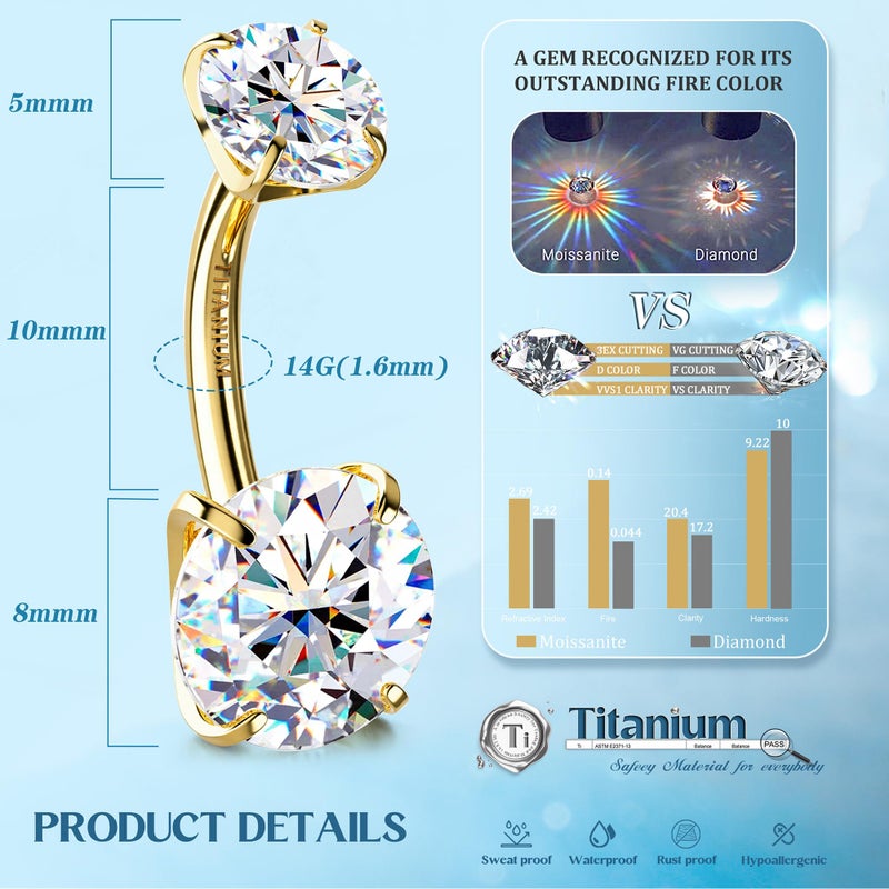 GEMQUEEN 18K Gold Plated Belly Button Ring - Moissanite G23 TItanium Hypoallergenic Internally Threaded Belly Rings 14G Navel Piercing Jewelry For Women Men simulated damond - Image 4