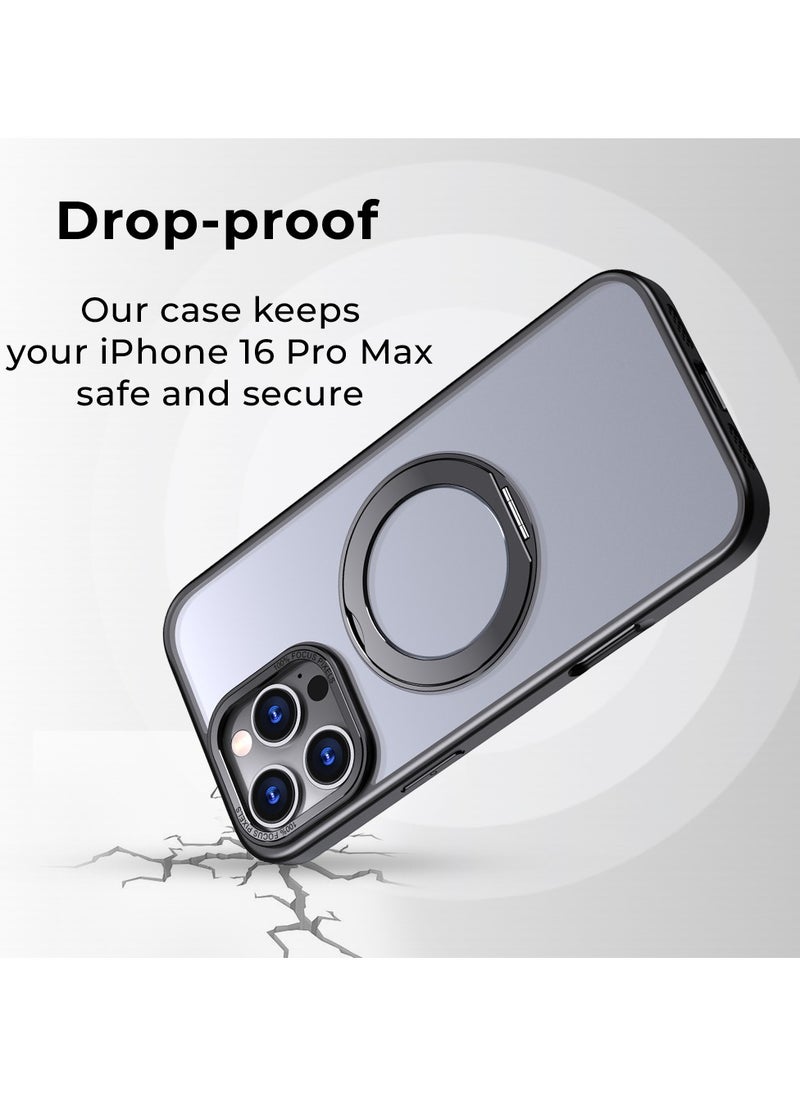 glassology iPhone 16 Pro Max 360° Rotate Ring Stand MagSafe Case Shockproof Wireless Charging Compatible Adjustable Kickstand (Black)  - Image 2