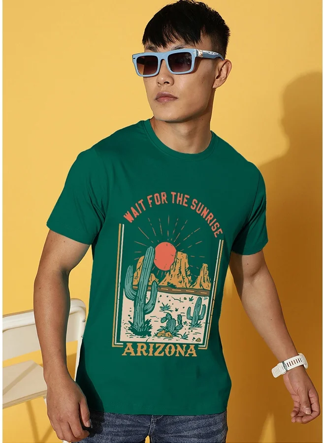 Veirdo Veirdo Pure Cotton Regular Fit Green Half Sleeve T-Shirt For Men