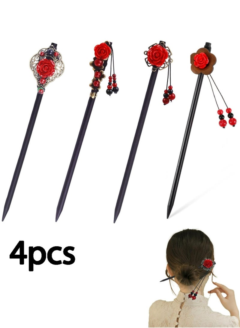 4 قطع الصينية عصا الشعر اليابانية الرجعية خشبية الشعر الزهرة الشعر عصا اليدوية الكلاسيكية الجيشا الشعر الملحقات مقاطع للشعر الطويل - Image 1