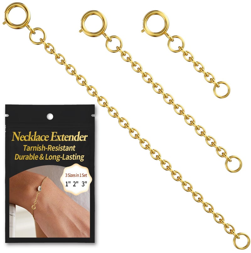 Bonison Necklace Extender Gold - 18k Gold Plated Chain Extenders for Necklaces, Necklaces Bracelet Anklet Extenders for Women Jewelry Making (3 pcs Gold (1 2 3 Inch)) - Image 1