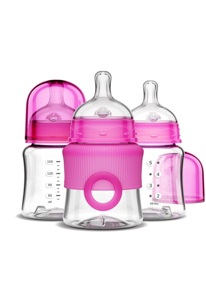 Smilo Baby Bottles Pink Smooth Flow Anti Colic Feeding 5 Ounce With Stage 0 Nipples (Pack Of 3) - Image 1
