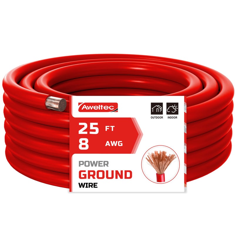 AWELTEC 8 Gauge Wire 25 Feet Red Power Ground Wire Cable Primary Automotive Wire Copper Clad Aluminum Wire for Battery Cable Car Audio Amp Wiring Generator Automotive RV