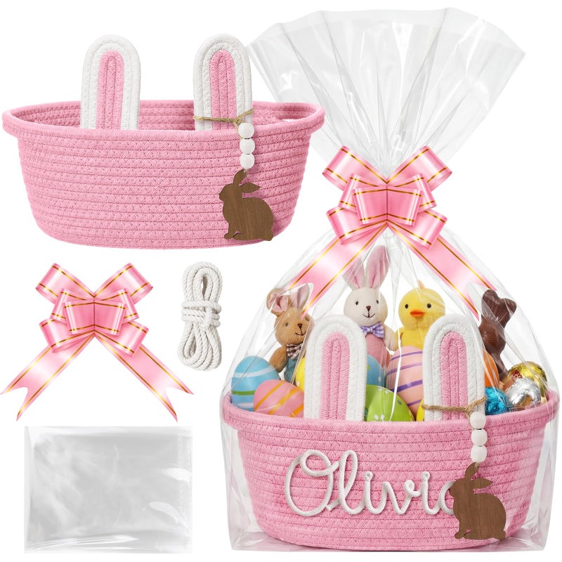 SiliFine Custom Easter Basket Personalized Easter Bunny Gift Basket with Name Rope Bow Ribbons and Gift Bag for DIY Egg Hunt Girls BoysPink - Image 2