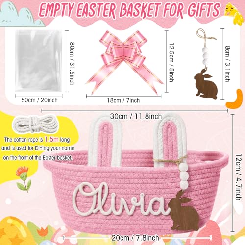 SiliFine Custom Easter Basket Personalized Easter Bunny Gift Basket with Name Rope Bow Ribbons and Gift Bag for DIY Egg Hunt Girls BoysPink - Image 3
