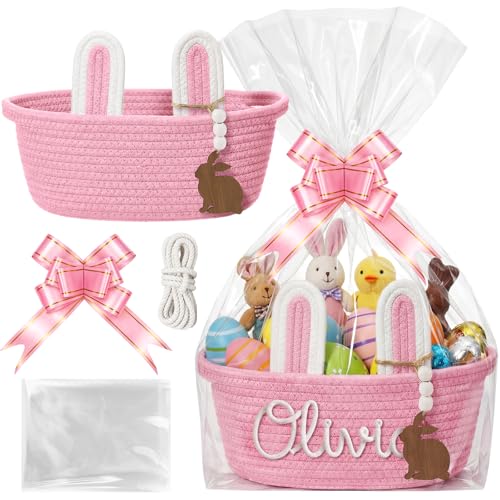 SiliFine Custom Easter Basket Personalized Easter Bunny Gift Basket with Name Rope Bow Ribbons and Gift Bag for DIY Egg Hunt Girls BoysPink - Image 1