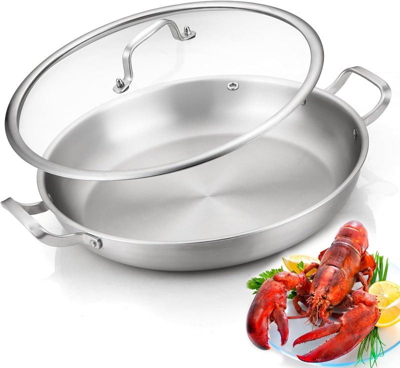Yeksum Tri-Ply Stainless Steel Paella Pan, 14.5 inch Large Skillet,12 Servings 18/10 Large Paella pan with Lid,Jumbo Cooker,Perfect for Outdoors, Camping, Parties - Image 1