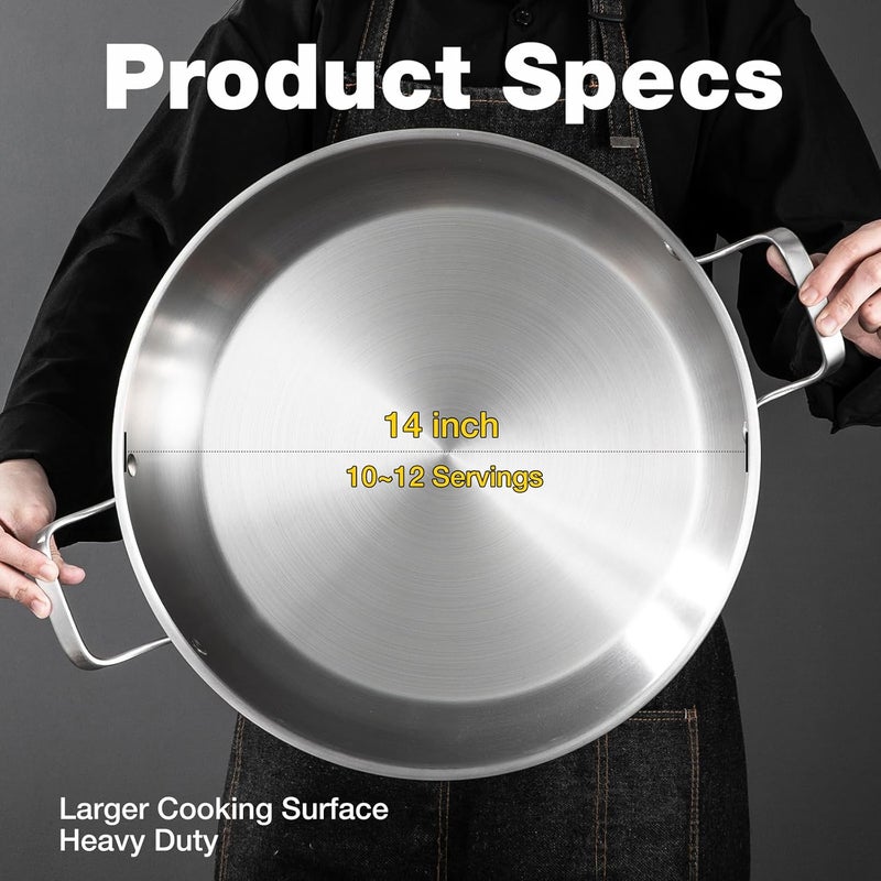 Yeksum Tri-Ply Stainless Steel Paella Pan, 14.5 inch Large Skillet,12 Servings 18/10 Large Paella pan with Lid,Jumbo Cooker,Perfect for Outdoors, Camping, Parties - Image 3