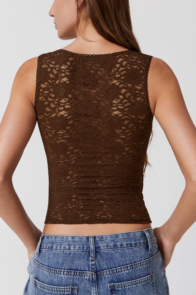 QINSEN Women's Form-Fitting Square Neck Lace Tank Tops Sleeveless Nigh Out Camisole Top Chestnut S - Image 4