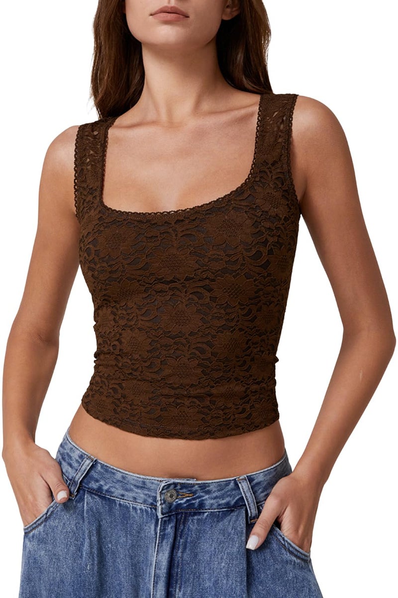 QINSEN Women's Form-Fitting Square Neck Lace Tank Tops Sleeveless Nigh Out Camisole Top Chestnut S - Image 1