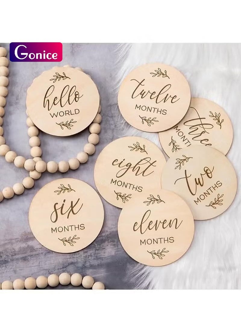 جونيس تسجيل بطاقات المعلمات الشهرية للطفل - 7 أقراص دوائر خشبية لطيفة على الوجهين تذكار حديثي الولادة - Image 2