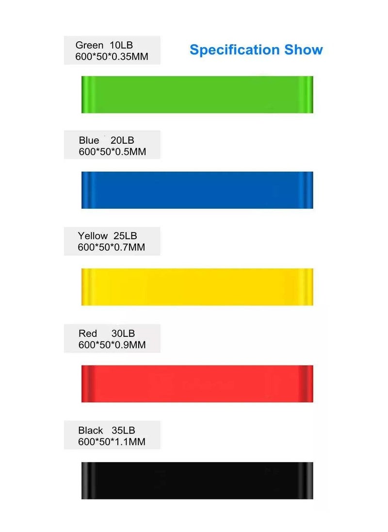 TARAFON - The Resistance Bands Set includes 5 assorted bands for strength training, suitable for full-body workouts, yoga, and physical therapy, featuring elastic bands for pull-up assistance, and comes with a carry bag. These skin-friendly, multicolor bands range from extra light to extra heavy, each measuring 12 inches, making them perfect for gym and home workouts targeting arms, legs, and hips. - Image 1
