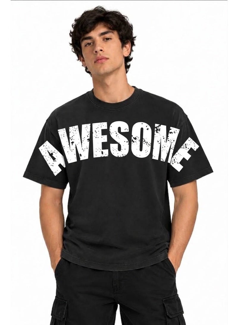 wccofa Men's Heavyweight French Terry Oversized T-Shirt with "AWESOME" Graphic Print - Image 1