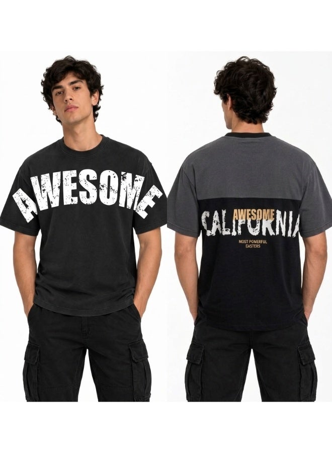 wccofa Men's Heavyweight French Terry Oversized T-Shirt with "AWESOME" Graphic Print - Image 5