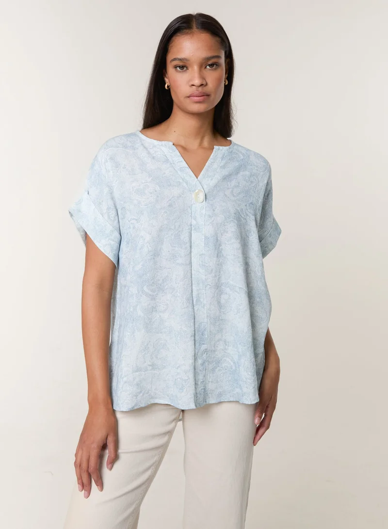 Blue Vanilla Printed V Neck Button Top