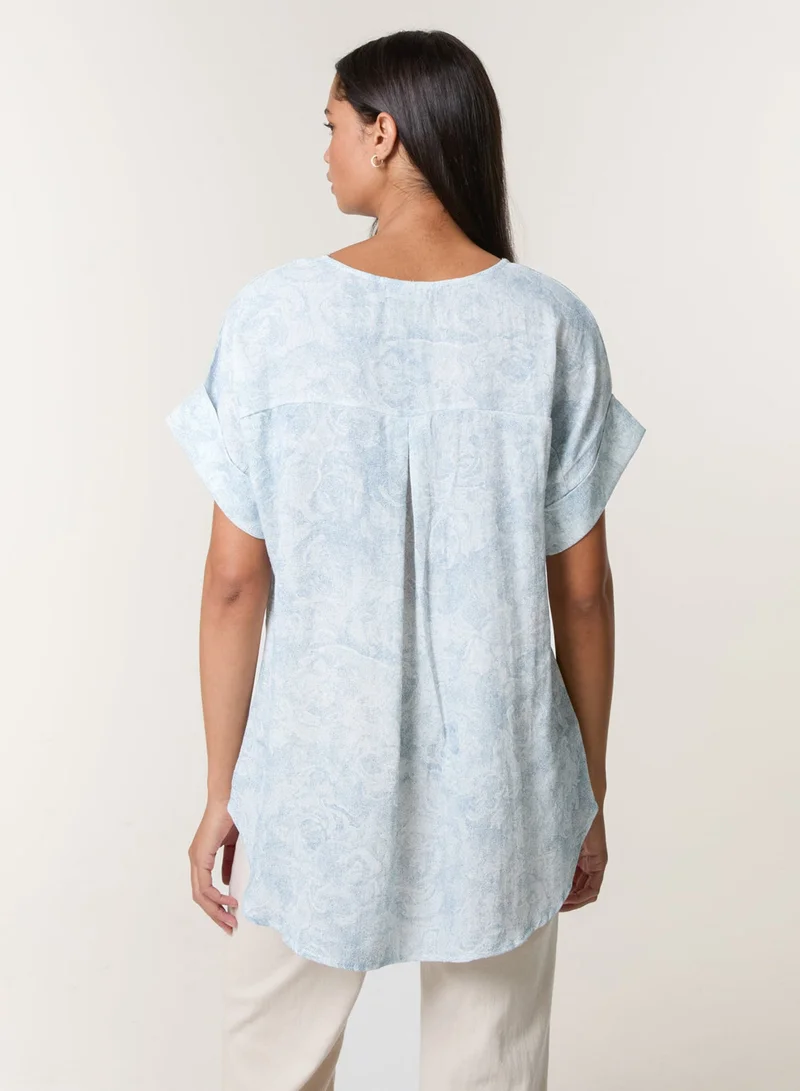 Blue Vanilla Printed V Neck Button Top