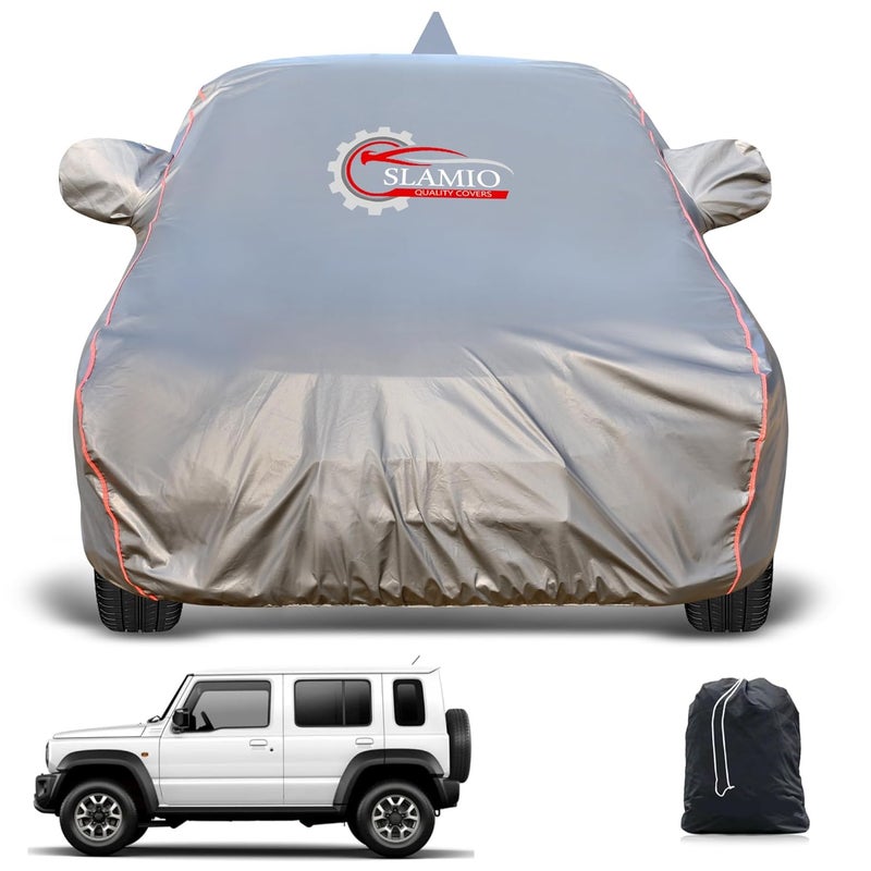 Slamio Heavy-Duty Car Body Cover for Maruti Jimny (5-Door) (2023-2025) | Waterproof, Dustproof, UV Protection, Custom Fit, Heavy Belt & Buckle with Mirror & Antenna Pocket | Dark Grey - Image 1