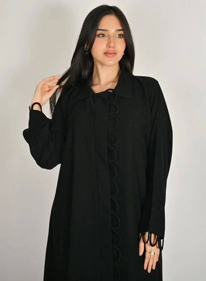 Hawraa Abaya Black Closed Abaya with Snap Button Closure and Elegant Circular Details on the Front and Sleeves