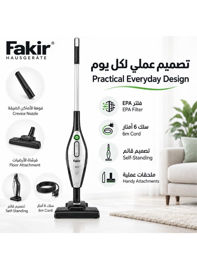 Fakir 2-in-1 Corded Stick Vacuum Cleaner with EPA Filter, 800W, 1L, Black/Silver - Image 4