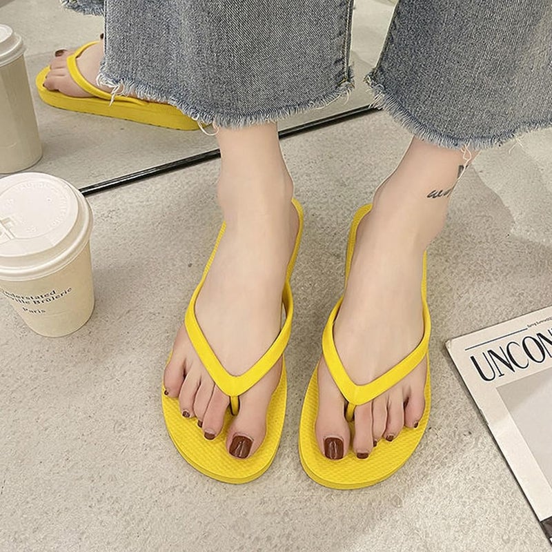 ShuYo Slim Flip Flops for Women, Ladies Shower Slippers Flat Sandals for Summer Bathroom Beach Pool, Ultra Lightweight Basic Thongs Rubber Soft Slide Slip-on Shoes (Lemon Yellow, Adult, Women, 8, Numeric Range, US Footwear Size System, 9, Medium) - Image 2