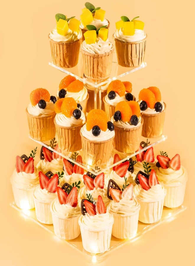 HENABLE 3 Tier Cupcake Stand Cupcake Holder, Acrylic Cupcake Tower with LED Yellow Light for 24 Cupcakes, Dessert Table Display Set for Birthday, Bar, Decor Weddings, Parties Events - Image 1