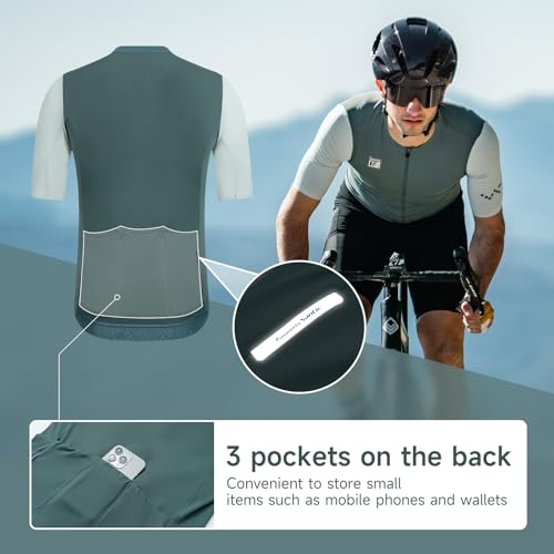 Santic Men's Cycling Jersey Short Sleeve Tops Pro Road Bike Shirt Full Zipper UPF 50+ Bicycle Jersey with Pockets Dark Green - Image 4