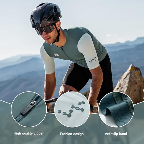Santic Men's Cycling Jersey Short Sleeve Tops Pro Road Bike Shirt Full Zipper UPF 50+ Bicycle Jersey with Pockets Dark Green - Image 3