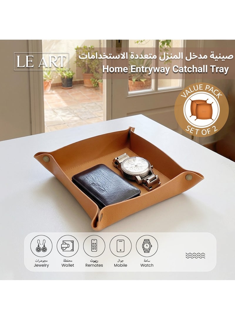 LeArt Valet Tray - Small & Compact Catchall Tray | Desk, Bedside, Home Entrance Entryway Organizer | Valet Tray for Keys, Coins, Stationary, Jewellery (Caramel - Set of 2) - Image 3