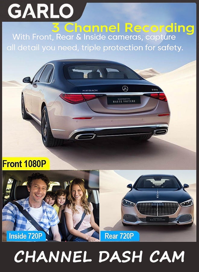 Garlo 3 Channel Dash Cam Front and Rear Inside, 1080P Dash Camera for Cars, Dashcam Three Way Triple Car Camera with IR Night Vision, Loop Recording, G-Sensor, Parking Monitor, 24 Hours Recording - Image 2