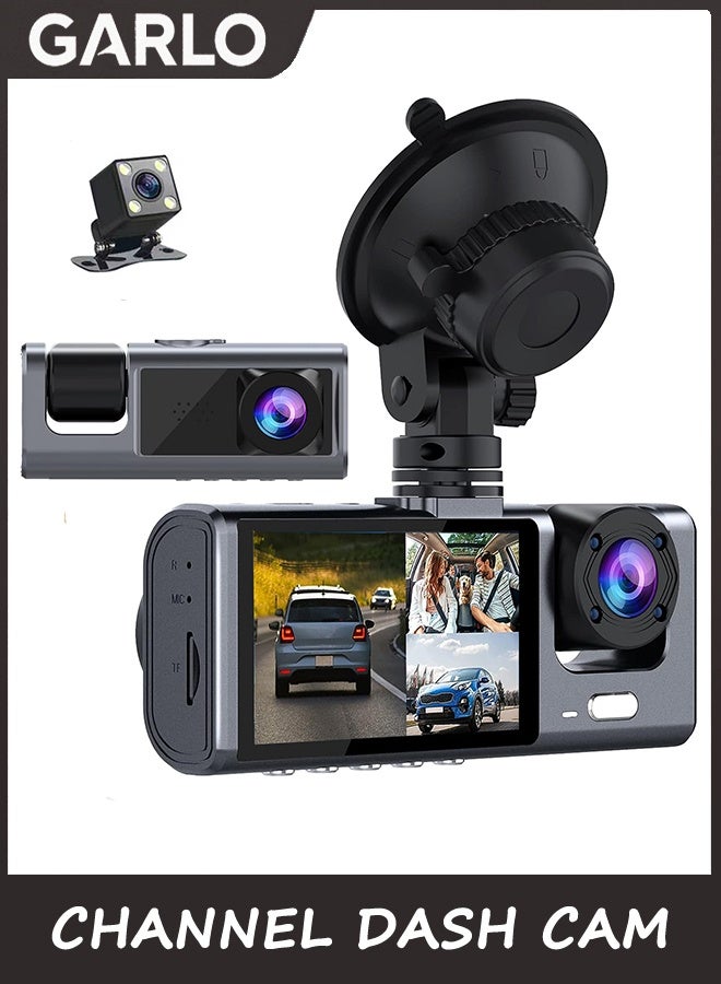 Garlo 3 Channel Dash Cam Front and Rear Inside, 1080P Dash Camera for Cars, Dashcam Three Way Triple Car Camera with IR Night Vision, Loop Recording, G-Sensor, Parking Monitor, 24 Hours Recording - Image 1