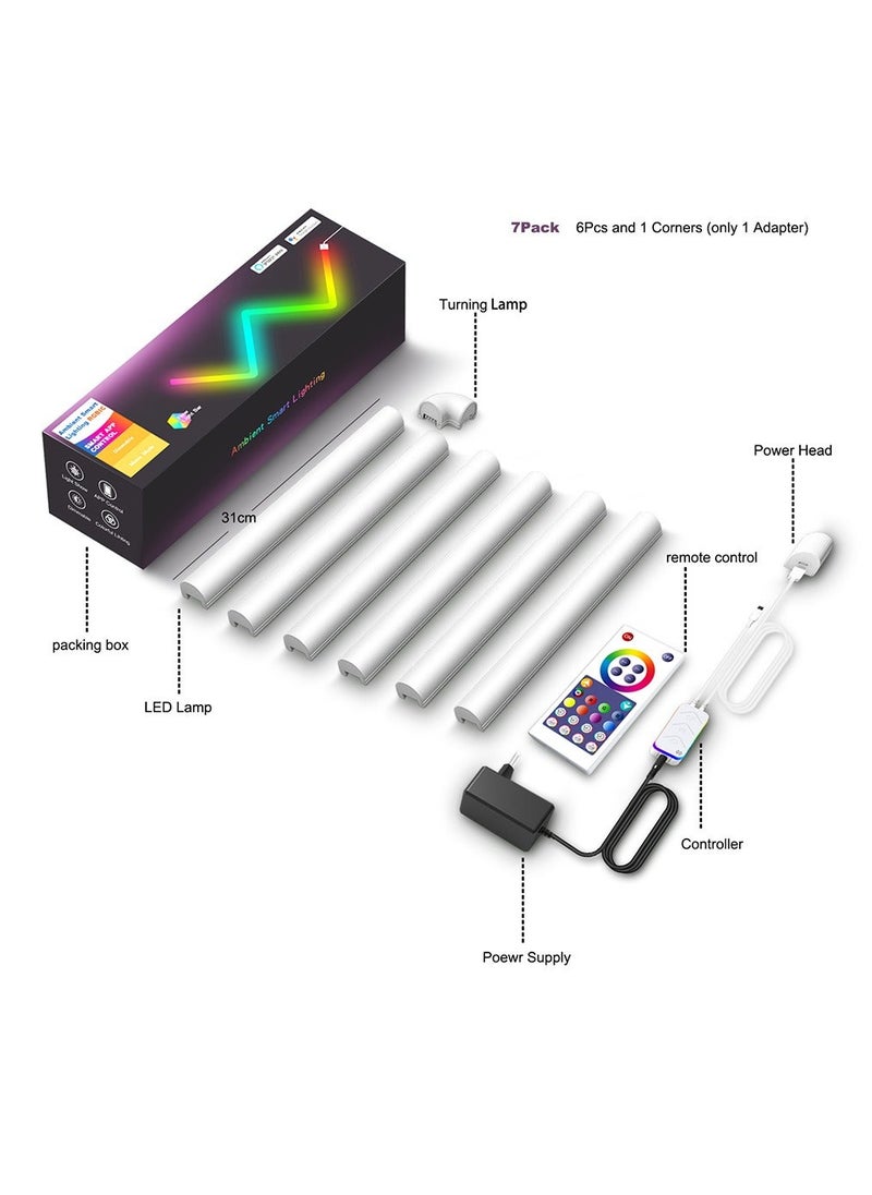 Furtey - RGBIC Smart Wall Light, Multicolor Customizable Music Sync LED Ambient Light Bar Compatible With Alexa and Google Assistant Home Decor for Gaming and Streaming with Dynamic Scenes (6 Pcs&1 Corners) - Image 1