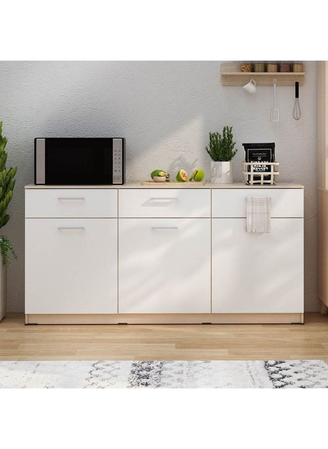 DANUBE HOME Barbados Sideboard With Storage | Strong And Sturdy Kitchen Organiser Rack | Modern Design Buffet Cabinet Side Board For Dining Room Bar Kitchen L150xW38.3xH75cm - White / Oak  - Image 1