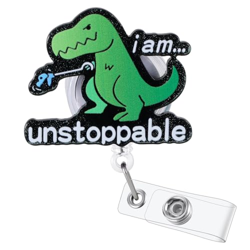 BEZTN I'm Unstoppable Funny Office Badge Reel, Cute Dinosaur Retractable ID Card Badge Holder, Name Tag Work Badge Clip for ICU RN LPN CNA MA ER Night Shift Nurse Nursing Student Doctor Teacher, Nurse Gifts - Image 1