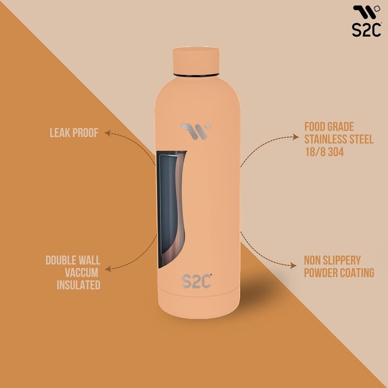 S2C Water Bottle Stainless Steel 750ml - Double Wall insulated Water Bottles for Hot Water Gym Bottle Stainless Steel Water Bottle for Kids School Flask Bottle Hot water bottle (PEACH, 750ml) - Image 2