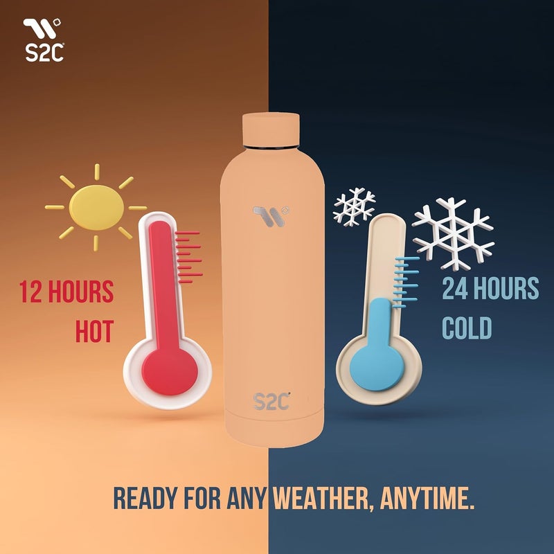 S2C Water Bottle Stainless Steel 750ml - Double Wall insulated Water Bottles for Hot Water Gym Bottle Stainless Steel Water Bottle for Kids School Flask Bottle Hot water bottle (PEACH, 750ml) - Image 4