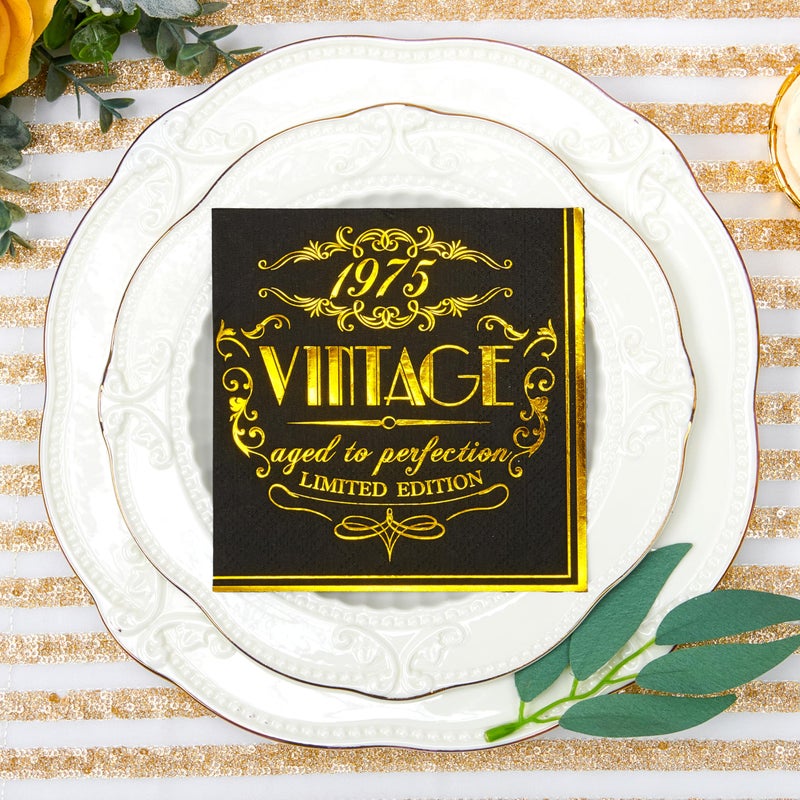 Crisky 50th Birthday Napkins for Men 50th Birthday Table Decorations Black Gold Vintage 1975 Beverage Dessert Cake Table Decorations Party Supplies 50 Count, 3-ply - Image 2