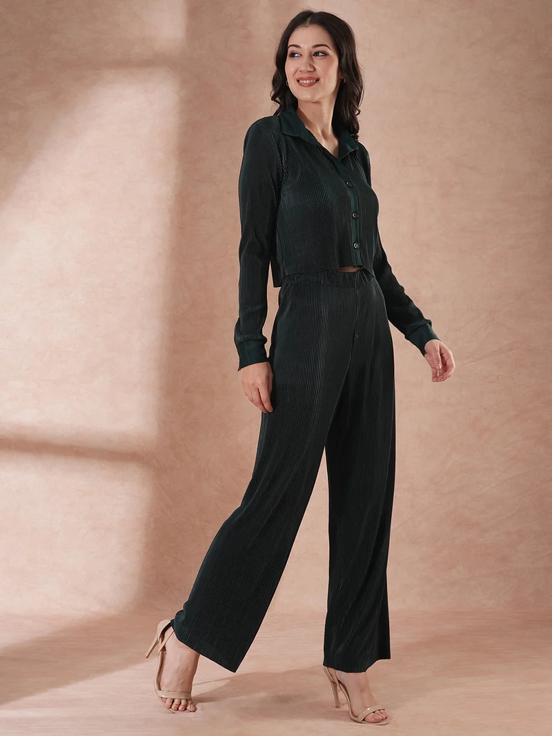 globus Globus Women Green Self-Design Crop Shirt With Trousers