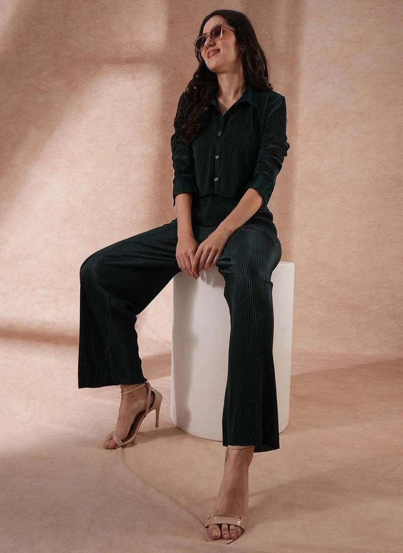Globus Women Green Self-Design Crop Shirt With Party Trousers