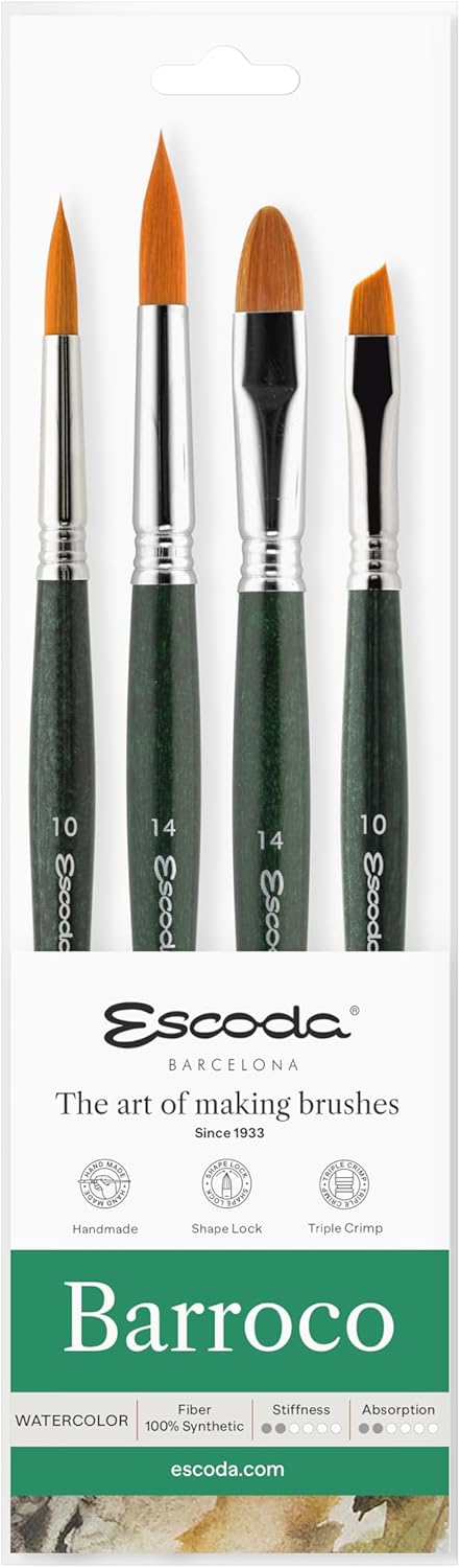Escoda Barroco Series Professional Artist Watercolor Brush Set Synthetic Gold Toray Fiber 4 Piece Set - Image 1