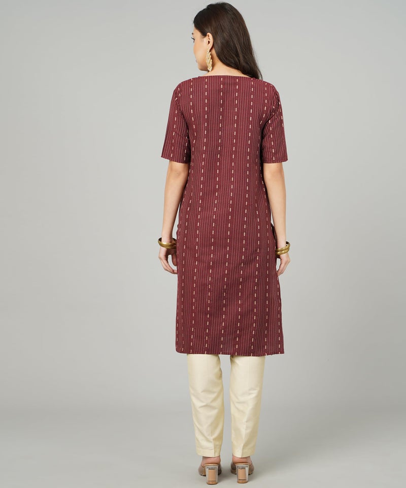 ANUSHIL Cotton Dobby Woven Design V- Neck Elbow Sleeves Knee Length Regular Fit Kurta For Women's and Girl's (Color:-Maroon, Size:-S) - Image 4