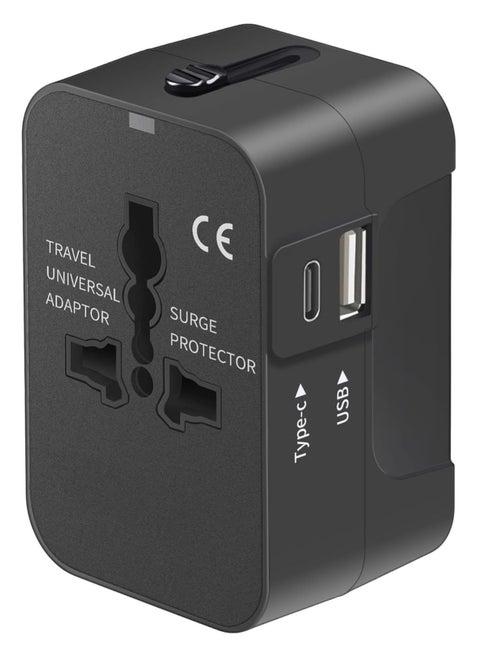 Universal Travel Adapter with USB-C & USB-A Ports – All-in-One AC Power Plug for USA, EU, UK, AUS (Black)