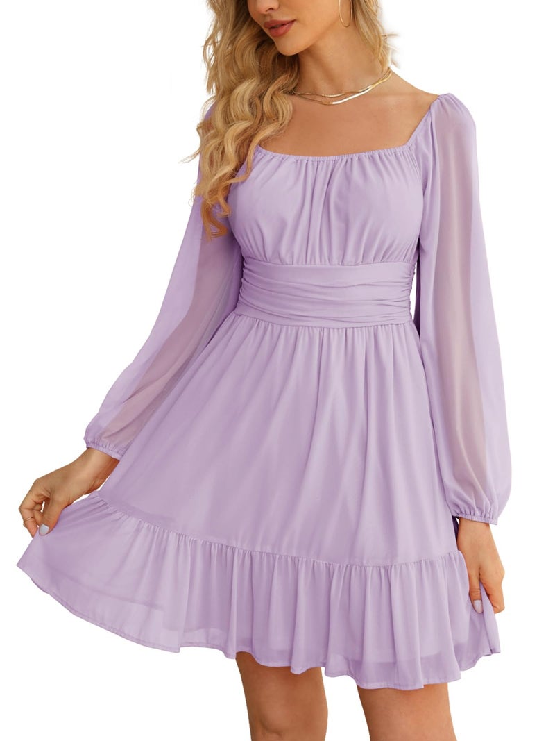 Wenrine Women's Mesh Long Sleeve Square Neck Dress High Waist A Line Ruffle Hem Flowy Casual Party Mini Dress Light Purple - Image 1