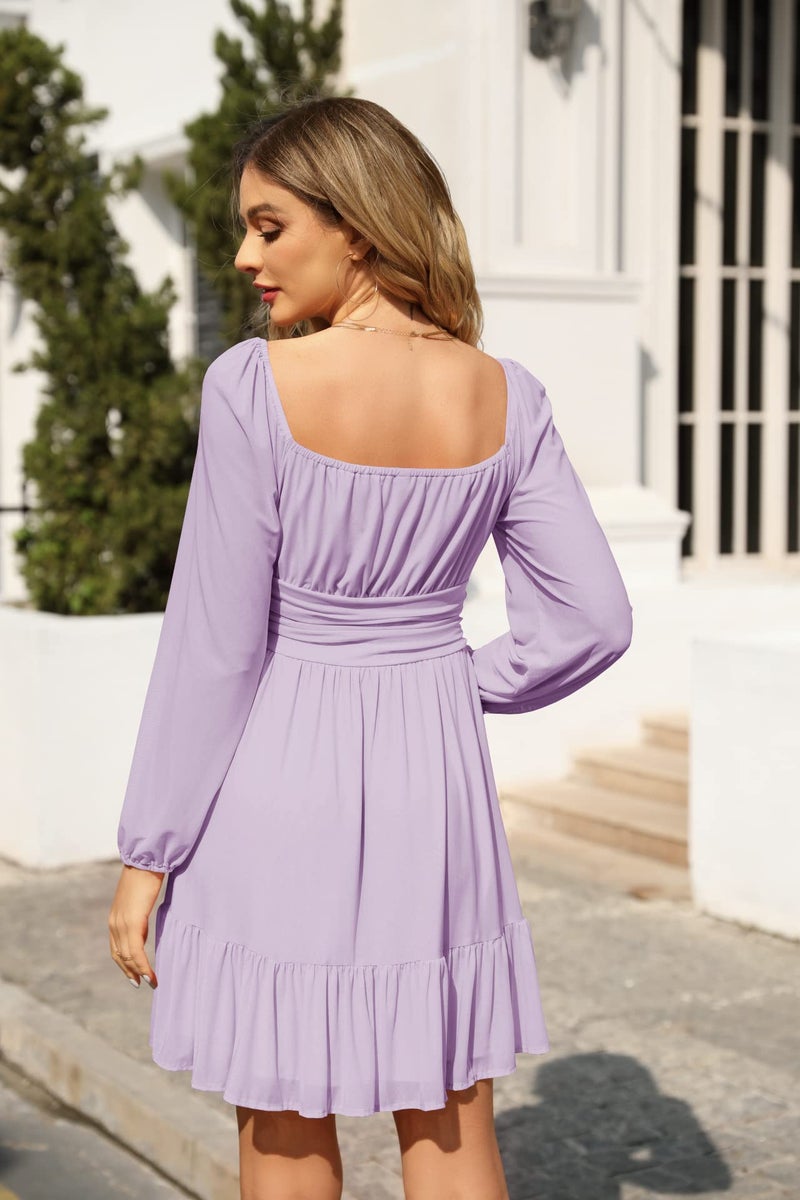 Wenrine Women's Mesh Long Sleeve Square Neck Dress High Waist A Line Ruffle Hem Flowy Casual Party Mini Dress Light Purple - Image 4