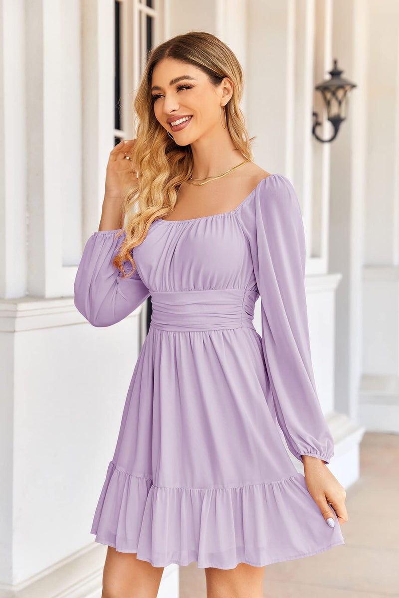 Wenrine Women's Mesh Long Sleeve Square Neck Dress High Waist A Line Ruffle Hem Flowy Casual Party Mini Dress Light Purple - Image 3