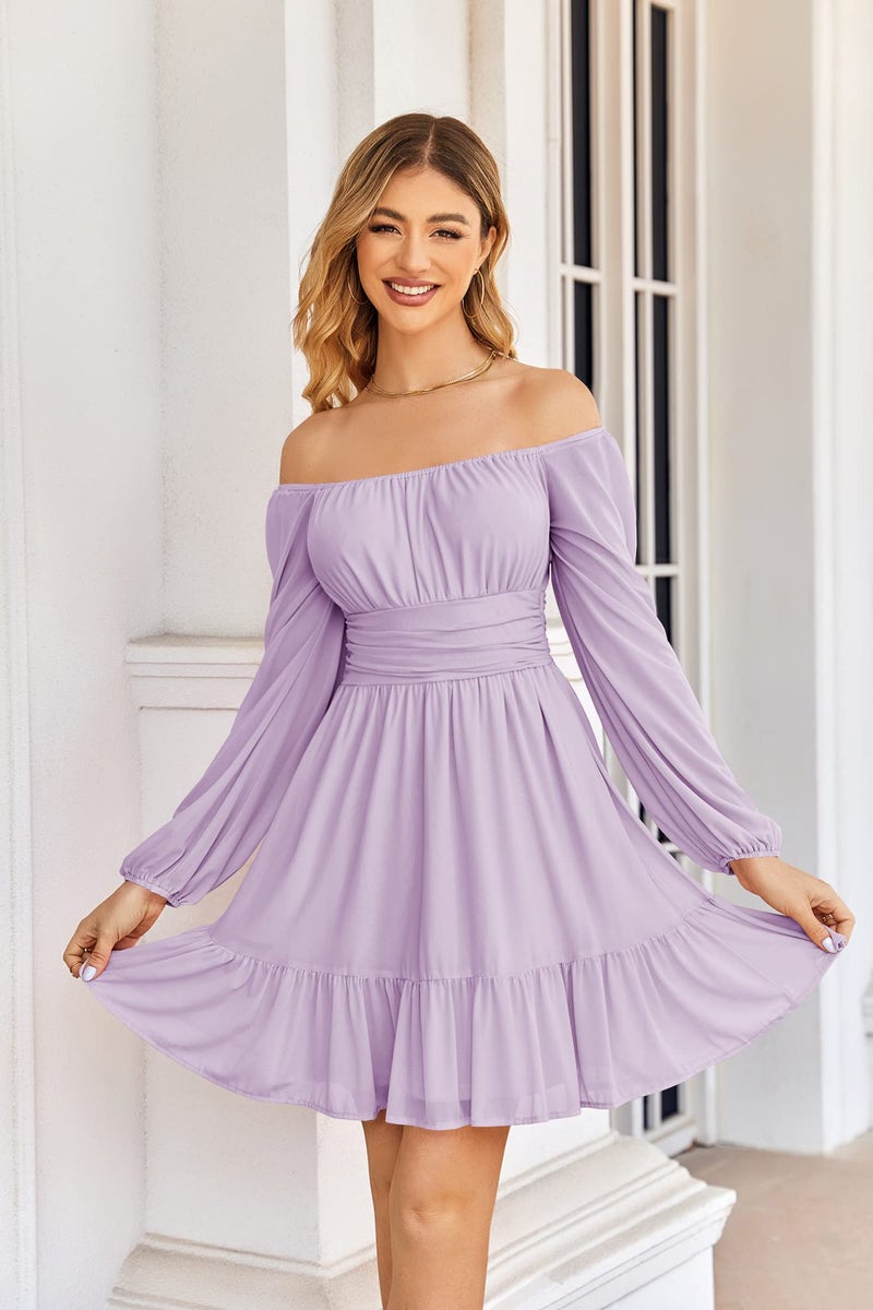 Wenrine Women's Mesh Long Sleeve Square Neck Dress High Waist A Line Ruffle Hem Flowy Casual Party Mini Dress Light Purple - Image 2
