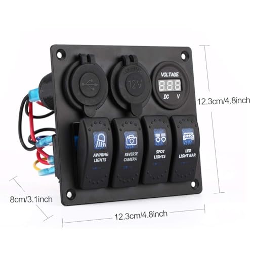 Garfour 4 Gang Boat Switch Panel, Marine-Grade Waterproof Aluminum Switch Panel with 12V Voltmeter, 3.1A Dual USB Charger &Lighter Socket - Universal for Marine, RV, Truck Control Dashboards - Image 5