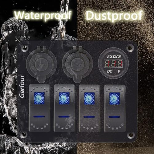 Garfour 4 Gang Boat Switch Panel, Marine-Grade Waterproof Aluminum Switch Panel with 12V Voltmeter, 3.1A Dual USB Charger &Lighter Socket - Universal for Marine, RV, Truck Control Dashboards - Image 2