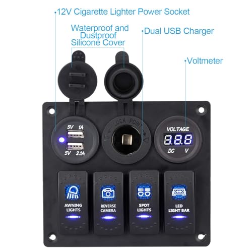 Garfour 4 Gang Boat Switch Panel, Marine-Grade Waterproof Aluminum Switch Panel with 12V Voltmeter, 3.1A Dual USB Charger &Lighter Socket - Universal for Marine, RV, Truck Control Dashboards - Image 4