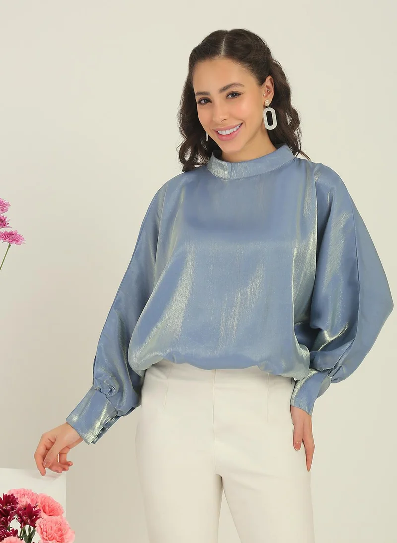 جلو باص Globus Women's Blue Party Top with High Neck Cuffed Sleeves and Shimmer Finish