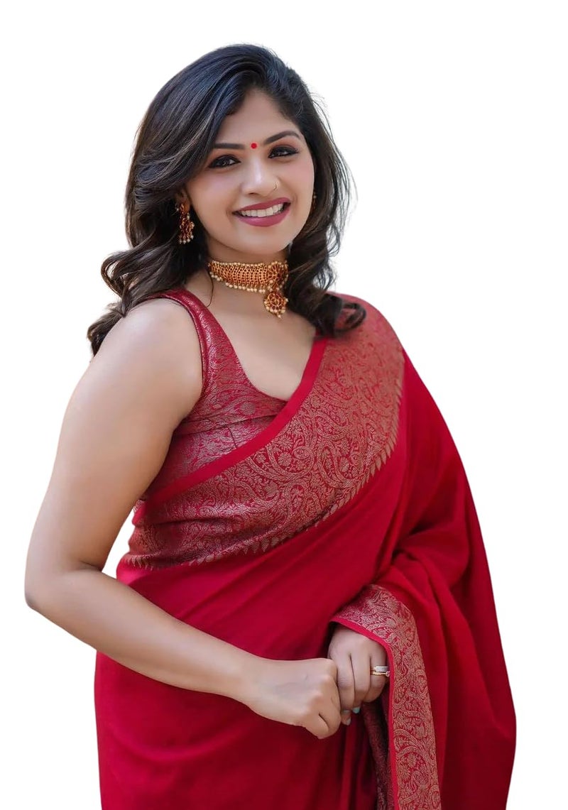 C J Enterprise Women's Pure Soft Kanjivaram Silk Saree for Wedding Kanchipuram Pattu Sarees Banarasi Cotton Latest Sari With Blouse Piece Design Wear ladies new sadi Party 2024 (Yatri-51) (Red) - Image 1